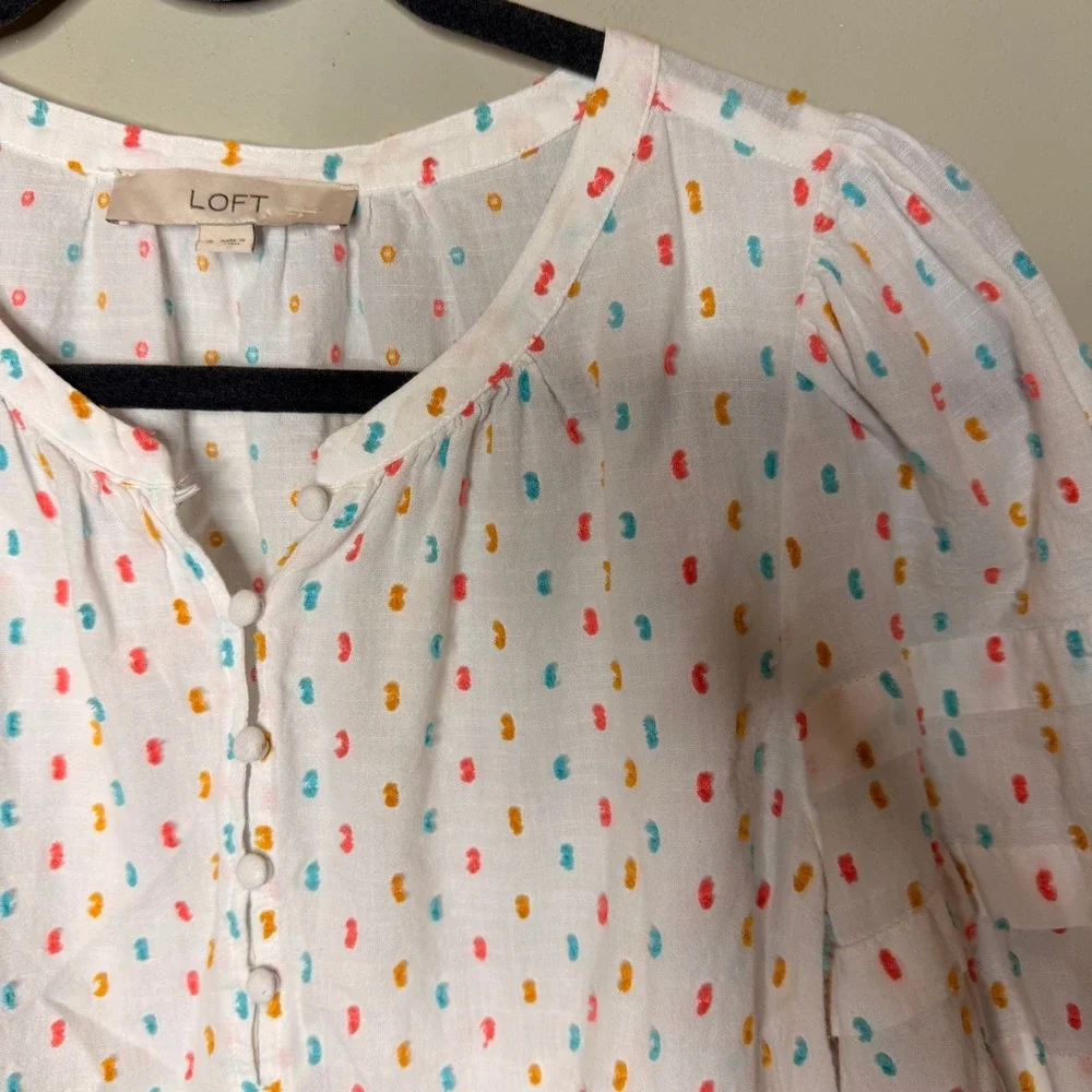 LOFT Clipped Dot Blouse Women Small White Multi Puff Sleeve Cotton Top